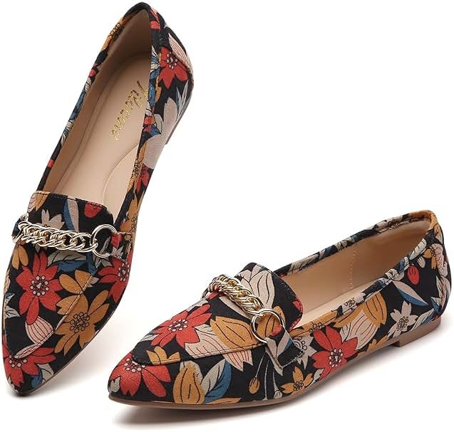 Tilocow Metal Chain Loafers for Women Pointed Toe Slip on Flats Comfortable Fashion Work Shoes - Product Image