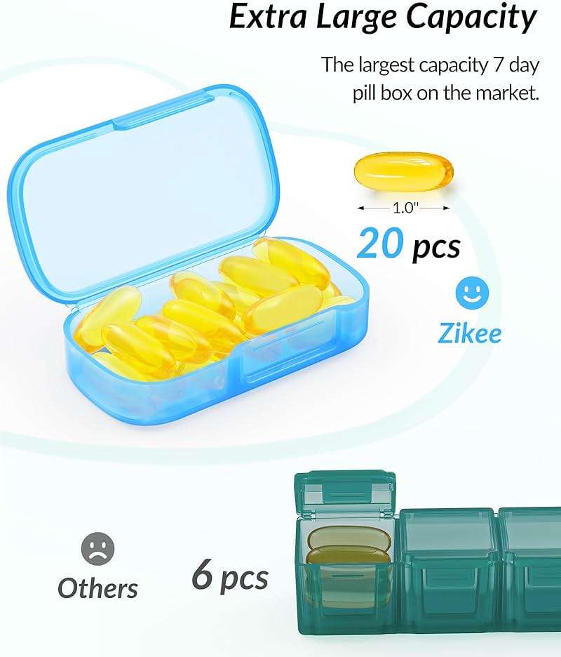 ZIKEE 7 Packs Extra Large Pill Organizer, Portable Pill Box 7 Day for Pocket, Purse, Weekly Pill Case with Dual-Protection Design, Pill Container for Medication, Vitamin, Fish Oil, Supplement - Image 2