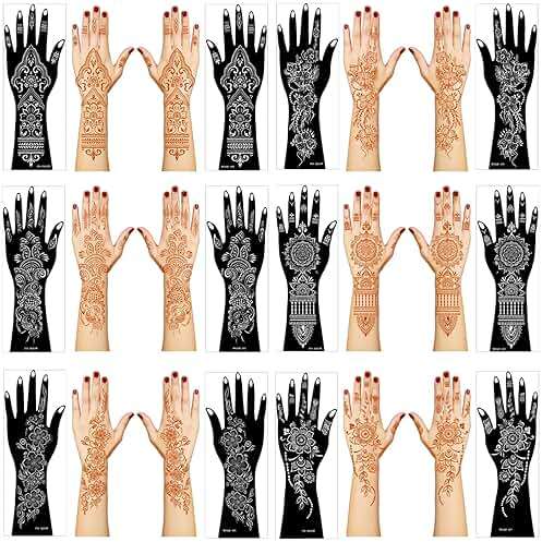 Henna Tattoo Stencil Kit,12 Sheets Stickers for Henna Tattoo Hand Forearm Glitter Airbrush DIY Tattooing Template, Large Indian Temporary Tattoo Stickers - Image 1