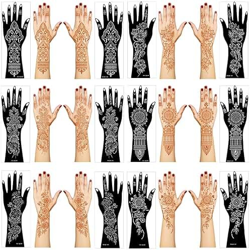 Henna Tattoo Stencil Kit,12 Sheets Stickers for Henna Tattoo Hand Forearm Glitter Airbrush DIY Tattooing Template, Large Indian Temporary Tattoo Stickers - Product Image