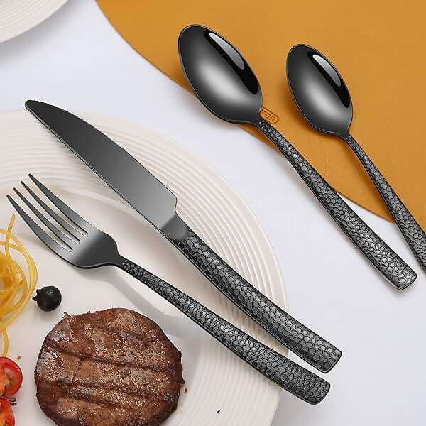 Remoxye 40-Piece Silverware Set, Black Hammered Stainless Steel Flatware Sets for 8, Food-Grade Tableware Set, Including Fork Knife Spoon Set, Durable Home Kitchen Cutlery Sets, Dishwasher Safe - Image 2