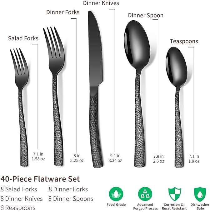 Remoxye 40-Piece Silverware Set, Black Hammered Stainless Steel Flatware Sets for 8, Food-Grade Tableware Set, Including Fork Knife Spoon Set, Durable Home Kitchen Cutlery Sets, Dishwasher Safe - Image 3