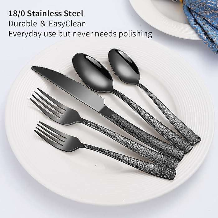 Remoxye 40-Piece Silverware Set, Black Hammered Stainless Steel Flatware Sets for 8, Food-Grade Tableware Set, Including Fork Knife Spoon Set, Durable Home Kitchen Cutlery Sets, Dishwasher Safe - Image 4