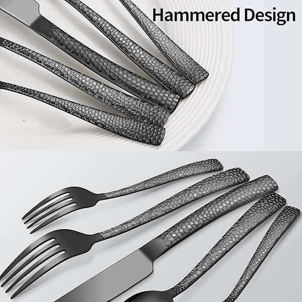 Remoxye 40-Piece Silverware Set, Black Hammered Stainless Steel Flatware Sets for 8, Food-Grade Tableware Set, Including Fork Knife Spoon Set, Durable Home Kitchen Cutlery Sets, Dishwasher Safe - Image 5