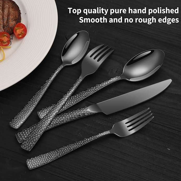 Remoxye 40-Piece Silverware Set, Black Hammered Stainless Steel Flatware Sets for 8, Food-Grade Tableware Set, Including Fork Knife Spoon Set, Durable Home Kitchen Cutlery Sets, Dishwasher Safe - Image 6