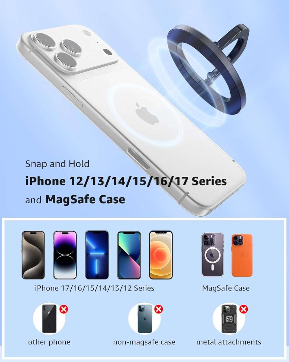SUPERONE for MagSafe Phone Grip, Adjustable Magnetic Phone Ring Holder Removable Finger Phone Ring Kickstand Compatible with MagSafe Accessories Only for iPhone 17 & 16 & 15 & 14 & 13 & 12 Series - Image 6