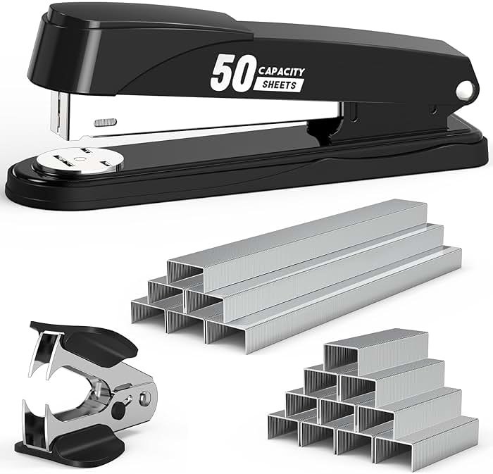 Metal Stapler Heavy Duty 50 Sheet Capacity with 1750 Staples and Staple Remover, Full Strip Staplers for Desk, No Jam, Non-Slip for Office & Classroom, Black - Product Image
