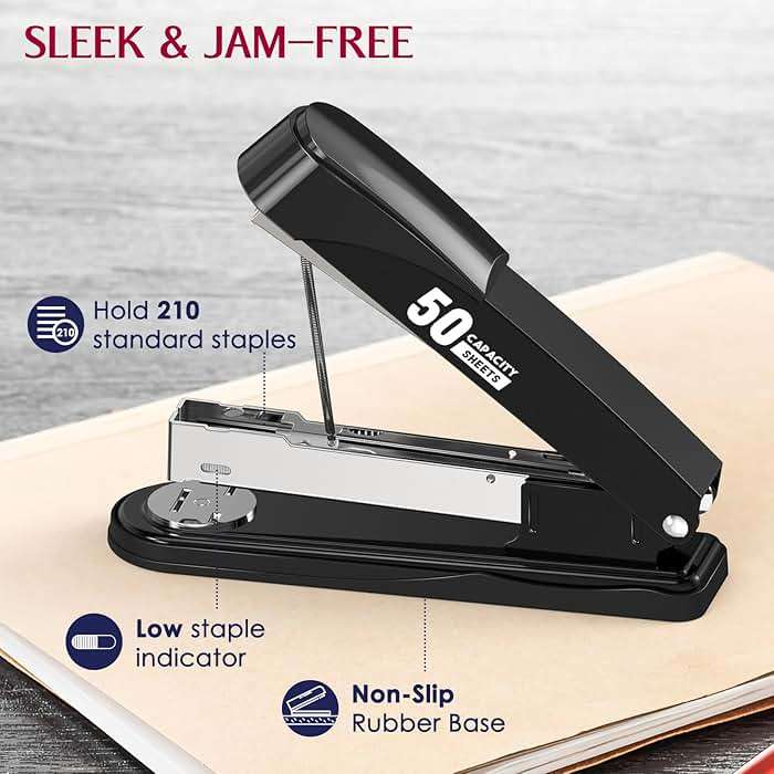 Metal Stapler Heavy Duty 50 Sheet Capacity with 1750 Staples and Staple Remover, Full Strip Staplers for Desk, No Jam, Non-Slip for Office & Classroom, Black - Image 4