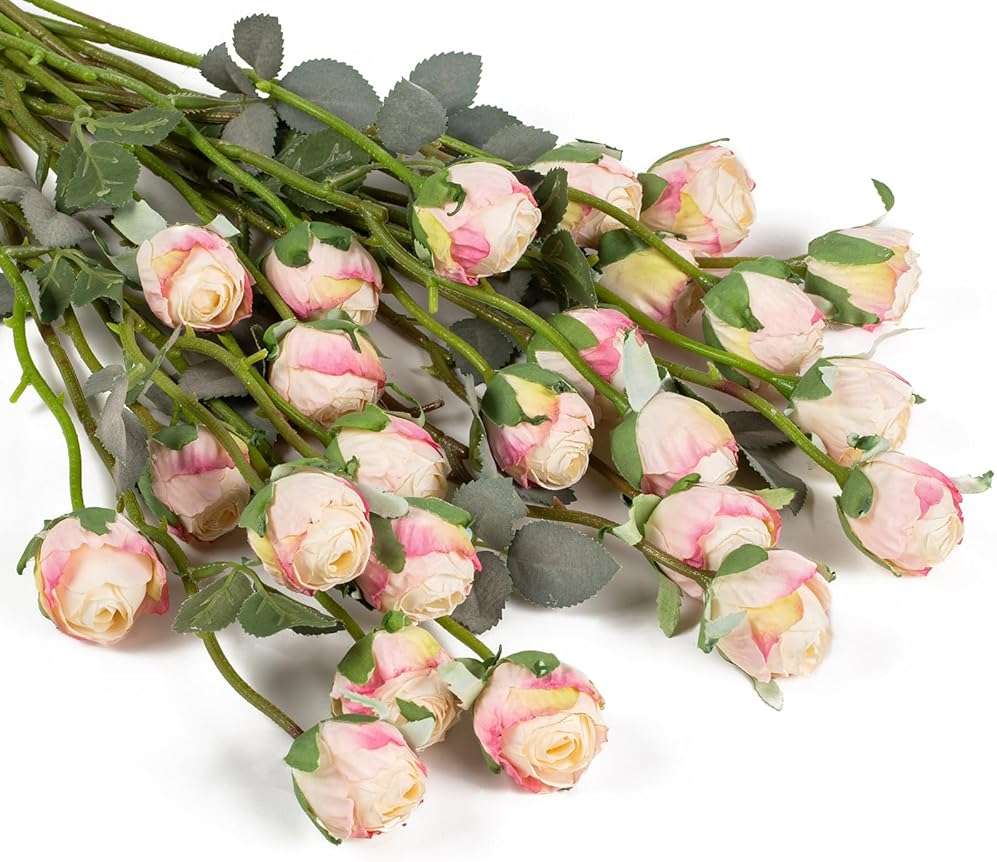DuHouse 24pcs Artificial Flowers Fake Silk Mini Rose with Long Stem for DIY Bouquets Wedding Centerpiece Party Home Kitchen Decoration(Cream Pink) - Image 1