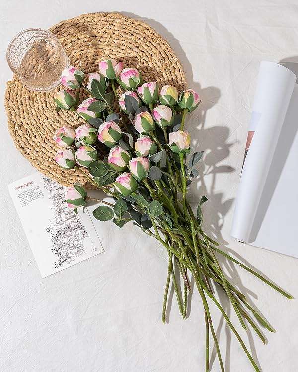 DuHouse 24pcs Artificial Flowers Fake Silk Mini Rose with Long Stem for DIY Bouquets Wedding Centerpiece Party Home Kitchen Decoration(Cream Pink) - Image 2
