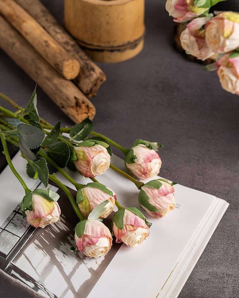 DuHouse 24pcs Artificial Flowers Fake Silk Mini Rose with Long Stem for DIY Bouquets Wedding Centerpiece Party Home Kitchen Decoration(Cream Pink) - Image 3