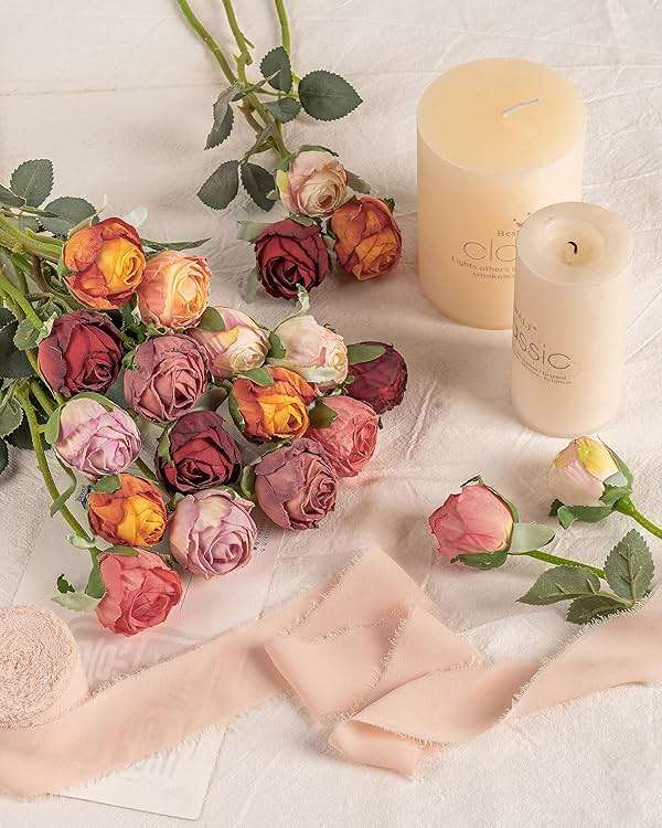 DuHouse 24pcs Artificial Flowers Fake Silk Mini Rose with Long Stem for DIY Bouquets Wedding Centerpiece Party Home Kitchen Decoration(Cream Pink) - Image 4