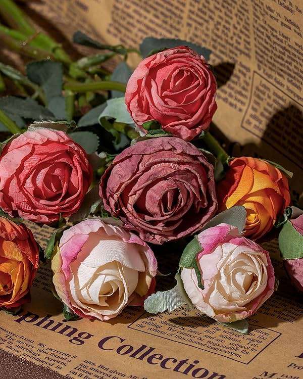 DuHouse 24pcs Artificial Flowers Fake Silk Mini Rose with Long Stem for DIY Bouquets Wedding Centerpiece Party Home Kitchen Decoration(Cream Pink) - Image 5
