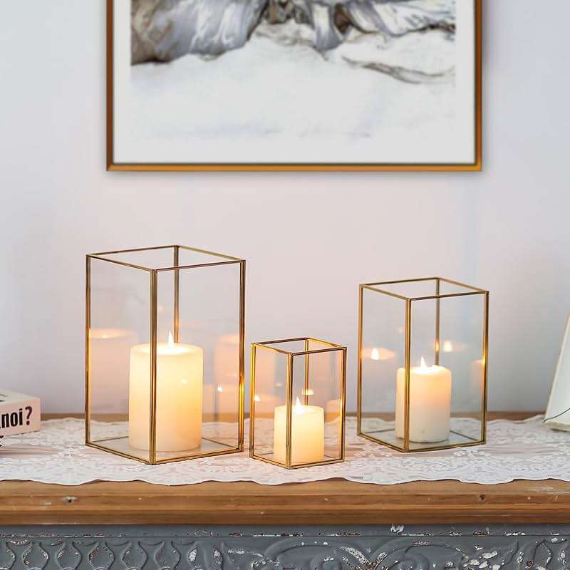 Glasseam Glass Hurricane Candle Holder: Set of 3 Gold Square Candle Holders for Pillar Candles Large for Table Centerpiece Wedding Christmas Decorative - Image 1
