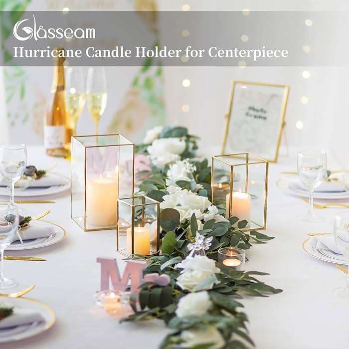 Glasseam Glass Hurricane Candle Holder: Set of 3 Gold Square Candle Holders for Pillar Candles Large for Table Centerpiece Wedding Christmas Decorative - Image 4