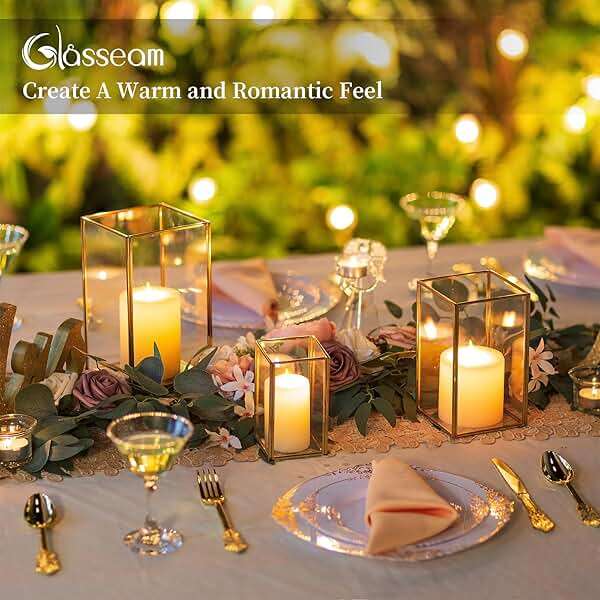 Glasseam Glass Hurricane Candle Holder: Set of 3 Gold Square Candle Holders for Pillar Candles Large for Table Centerpiece Wedding Christmas Decorative - Image 5