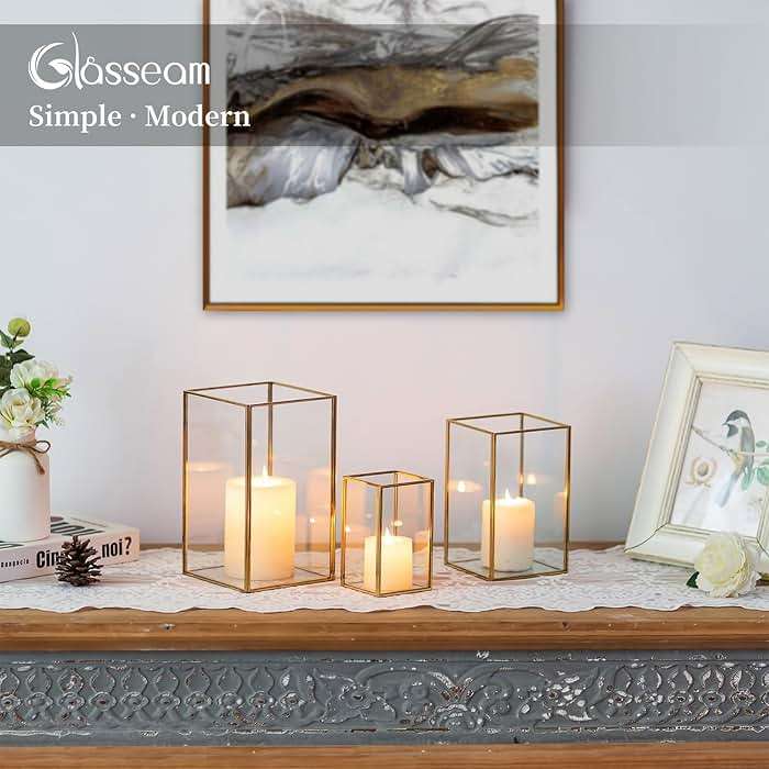 Glasseam Glass Hurricane Candle Holder: Set of 3 Gold Square Candle Holders for Pillar Candles Large for Table Centerpiece Wedding Christmas Decorative - Image 6