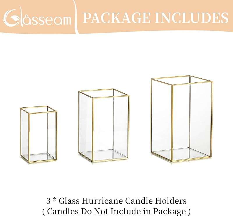 Glasseam Glass Hurricane Candle Holder: Set of 3 Gold Square Candle Holders for Pillar Candles Large for Table Centerpiece Wedding Christmas Decorative - Image 7