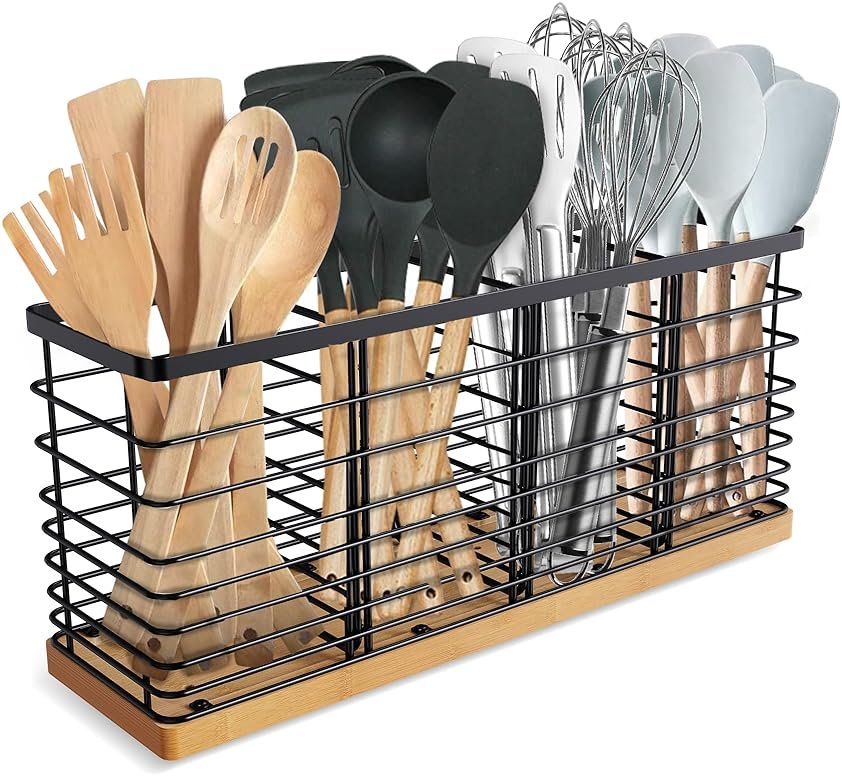Suli Extra Large Kitchen Utensil Holder Countertop with 4 Compartments,Matte Black Metal holder with Wooden Base for Countertop,Farmhouse Utensil Organizer for counter,Rustic Cooking Utensil Organizer - Product Image