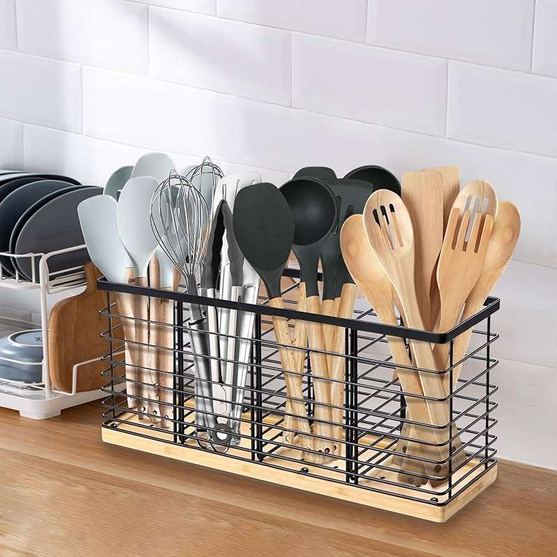 Suli Extra Large Kitchen Utensil Holder Countertop with 4 Compartments,Matte Black Metal holder with Wooden Base for Countertop,Farmhouse Utensil Organizer for counter,Rustic Cooking Utensil Organizer - Image 2