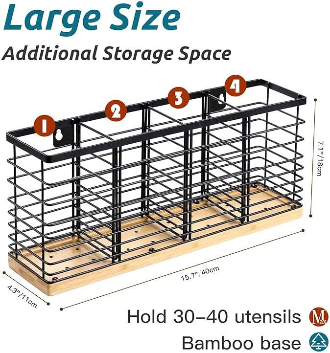 Suli Extra Large Kitchen Utensil Holder Countertop with 4 Compartments,Matte Black Metal holder with Wooden Base for Countertop,Farmhouse Utensil Organizer for counter,Rustic Cooking Utensil Organizer - Image 3