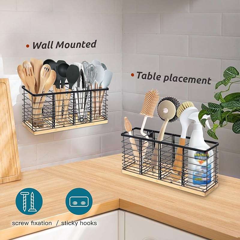 Suli Extra Large Kitchen Utensil Holder Countertop with 4 Compartments,Matte Black Metal holder with Wooden Base for Countertop,Farmhouse Utensil Organizer for counter,Rustic Cooking Utensil Organizer - Image 6