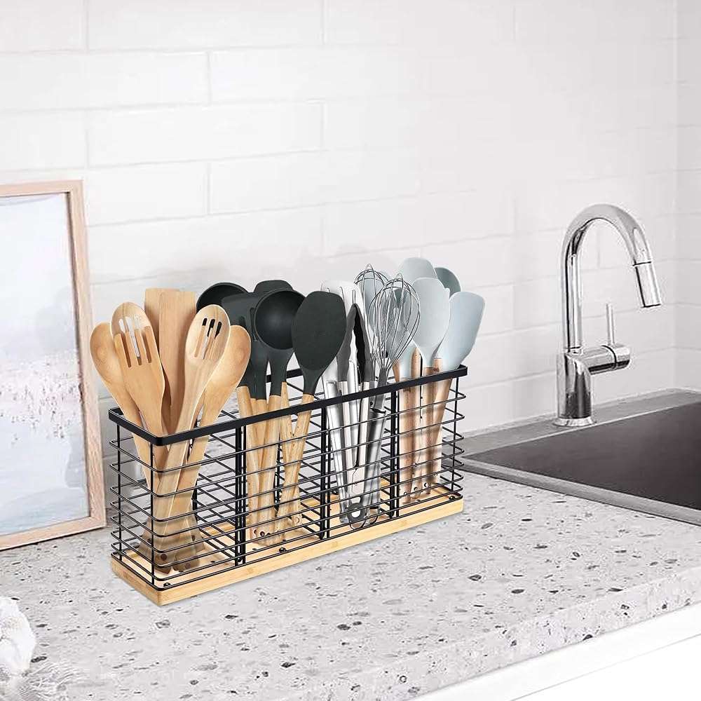 Suli Extra Large Kitchen Utensil Holder Countertop with 4 Compartments,Matte Black Metal holder with Wooden Base for Countertop,Farmhouse Utensil Organizer for counter,Rustic Cooking Utensil Organizer - Image 9