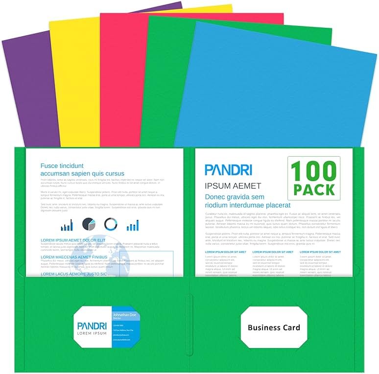 Two Pocket Folders, PANDRI 100 Pack 2 Pocket Folders, Letter Size Paper File Folder for School Office Home Business, Assorted 5 Colors - Product Image