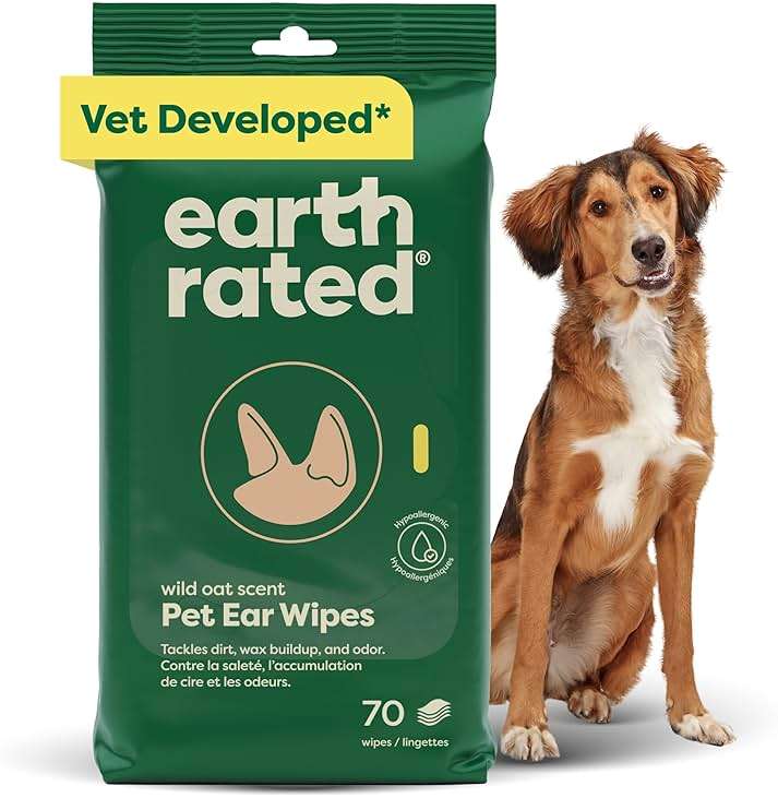 Earth Rated Vet-Developed Pet Ear Wipes, Hypoallergenic Cleaner for Dogs & Cats Ears to Remove Dirt and Wax Build Up, Wild Oat Scent, 70 Count - Image 1