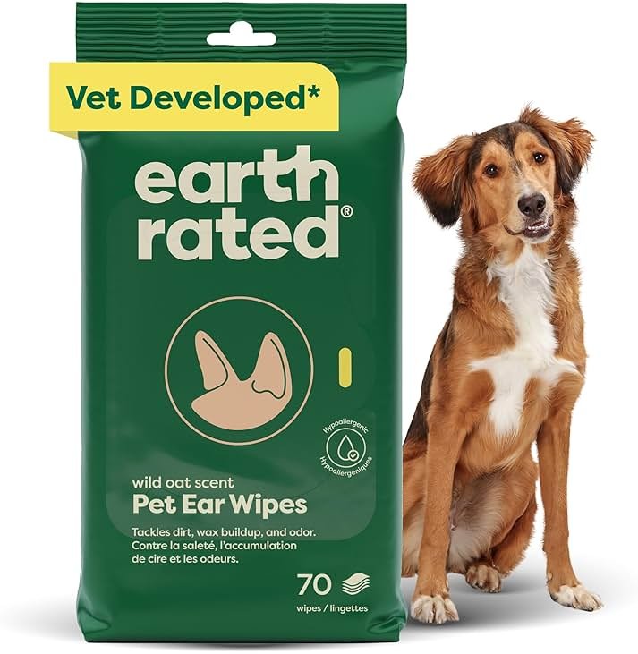 Earth Rated Vet-Developed Pet Ear Wipes, Hypoallergenic Cleaner for Dogs & Cats Ears to Remove Dirt and Wax Build Up, Wild Oat Scent, 70 Count - Product Image