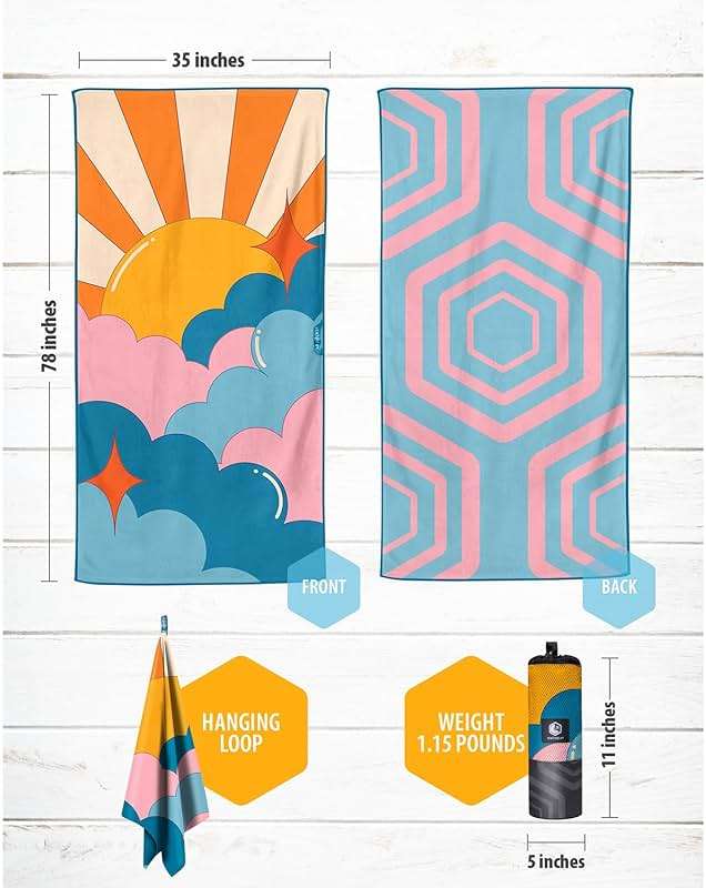 VENTURE 4TH Microfiber Beach Towel: Quick-Dry, Compact, Sand-Free, Absorbent, Sandproof and Lightweight - Perfect for Camping, Beach, and Roadtrips (Sky's The Limit Design | 35x78 inches) - Image 3