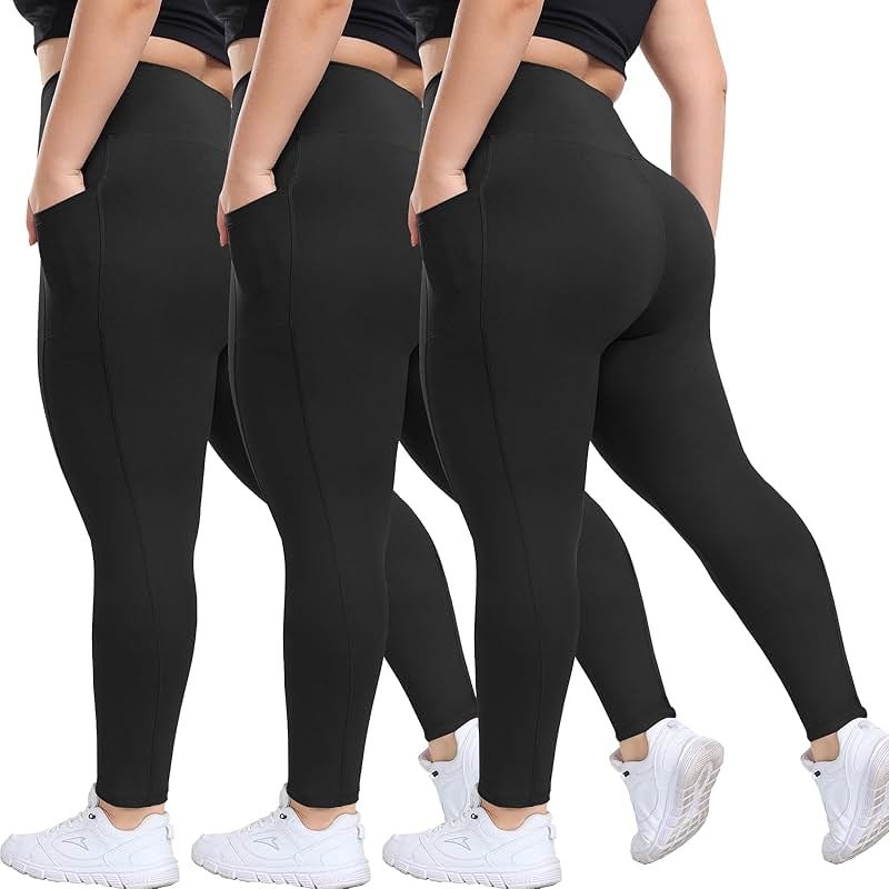 HLTPRO 3 Pack Plus Size Leggings with Pockets for Women - Black High Waisted Tummy Control Soft Yoga Pants for Gym Workout - Product Image