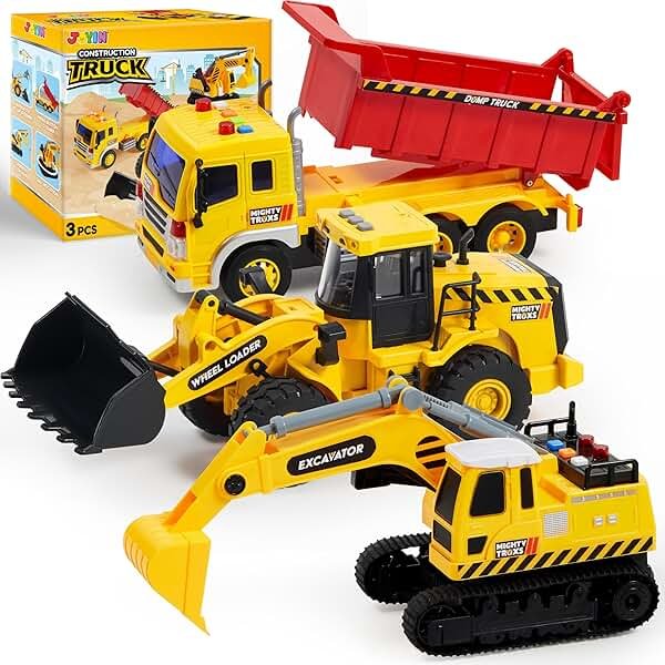 JOYIN 3 Pack Construction Toy - Excavator, Dump Truck and Loader, Moveable Claw & Lifting Back, Construction Truck Toy, Birthday Gift for Toddler Boys Kids - Product Image