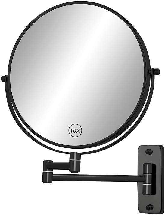 FFowcye 8" Wall Mounted Magnifying Makeup Mirror, 1X/10X Double-Sided Shaving Mirror with 360° Swivel & Extendable Arm for Bathroom Vanity, Black - No Light - Image 1