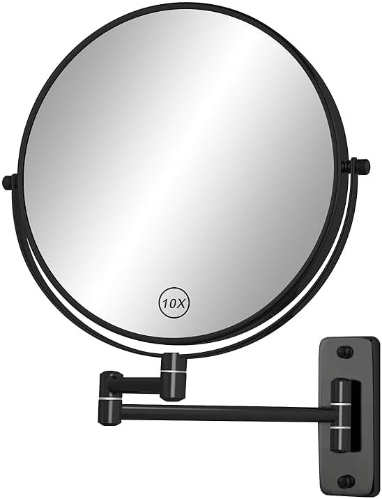 FFowcye 8" Wall Mounted Magnifying Makeup Mirror, 1X/10X Double-Sided Shaving Mirror with 360° Swivel & Extendable Arm for Bathroom Vanity, Black - No Light - Product Image