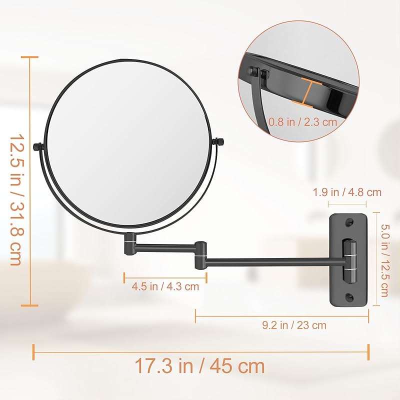 FFowcye 8" Wall Mounted Magnifying Makeup Mirror, 1X/10X Double-Sided Shaving Mirror with 360° Swivel & Extendable Arm for Bathroom Vanity, Black - No Light - Image 2