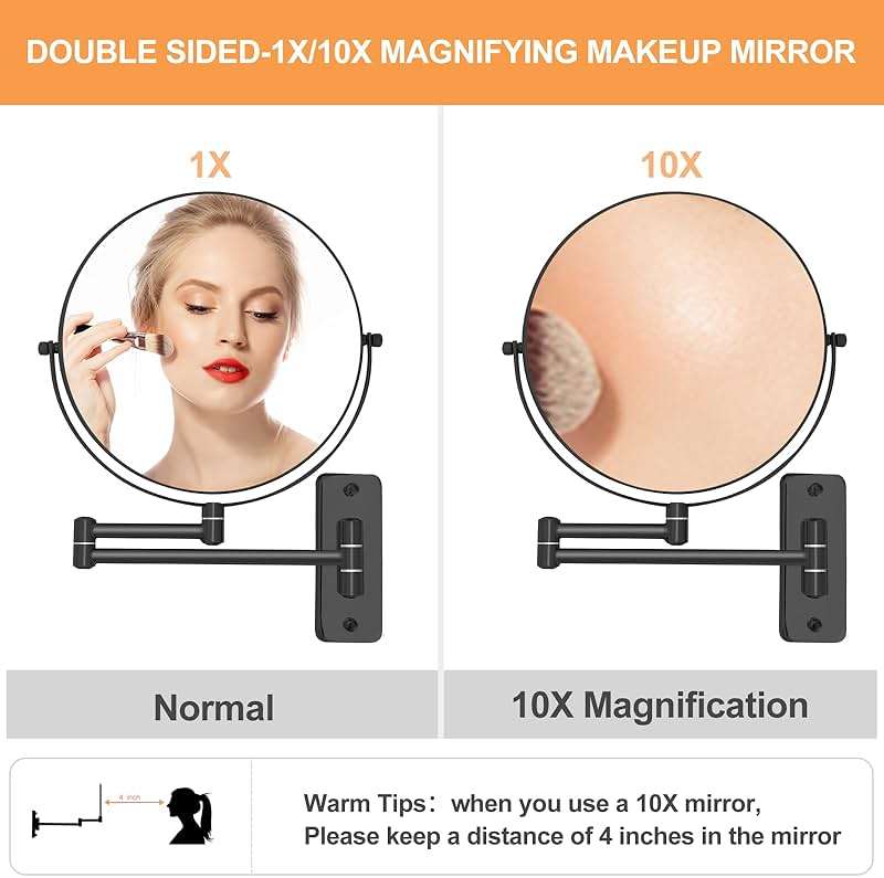 FFowcye 8" Wall Mounted Magnifying Makeup Mirror, 1X/10X Double-Sided Shaving Mirror with 360° Swivel & Extendable Arm for Bathroom Vanity, Black - No Light - Image 3