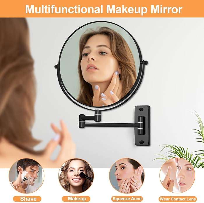 FFowcye 8" Wall Mounted Magnifying Makeup Mirror, 1X/10X Double-Sided Shaving Mirror with 360° Swivel & Extendable Arm for Bathroom Vanity, Black - No Light - Image 5