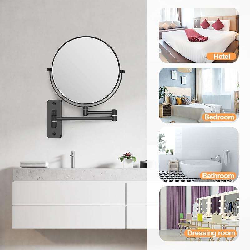 FFowcye 8" Wall Mounted Magnifying Makeup Mirror, 1X/10X Double-Sided Shaving Mirror with 360° Swivel & Extendable Arm for Bathroom Vanity, Black - No Light - Image 7