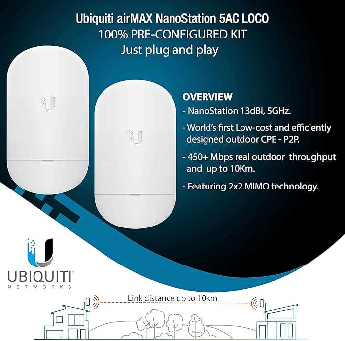 Wireless Bridge Ubiquiti LOCO5AC PRE-CONFIGURED, Bundle of 2 Ubiquiti Nanostation LOCO 5AC, Point to Point Outdoor WiFi Bridge, Plugh and Play, 5GHz, 450+Mbps, 10+km Link Range, Network Bridge - Image 2