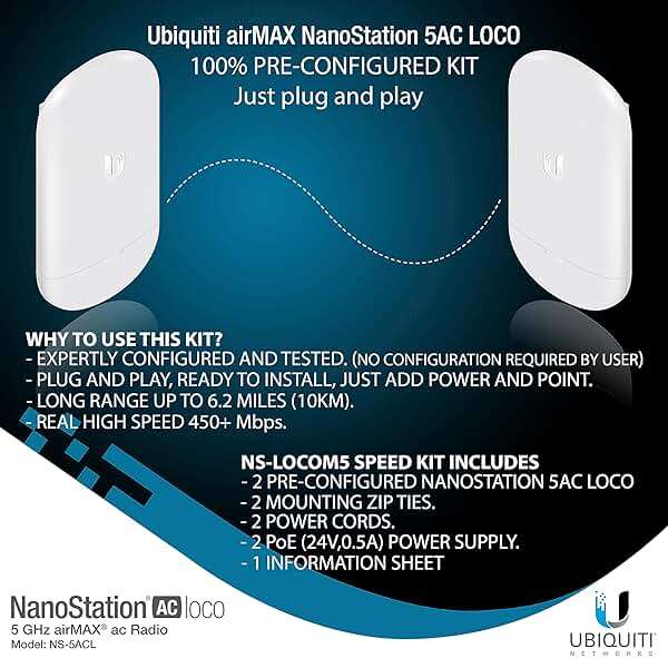 Wireless Bridge Ubiquiti LOCO5AC PRE-CONFIGURED, Bundle of 2 Ubiquiti Nanostation LOCO 5AC, Point to Point Outdoor WiFi Bridge, Plugh and Play, 5GHz, 450+Mbps, 10+km Link Range, Network Bridge - Image 3