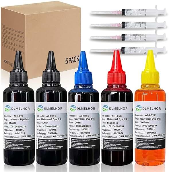 Universal Dye Ink Refill Kit for HP Epsn Canon Brother Lexmark Samsung Dell Kodak Inkjet Printers 4 Color Set 5pcs(2BK,C,M,Y) Compatible Cartridges Refillable Cartridge CISS CIS System With 4 Syringes - Product Image