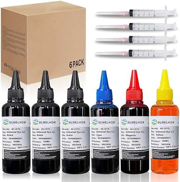 Universal Dye Ink Refill Kit for HP Epsn Canon Brother Lexmark Samsung Dell Kodak Inkjet Printers 6 Color Set Compatible Cartridges Refillable Cartridge CISS CIS System with 4 Syringes,600ml - Image 1
