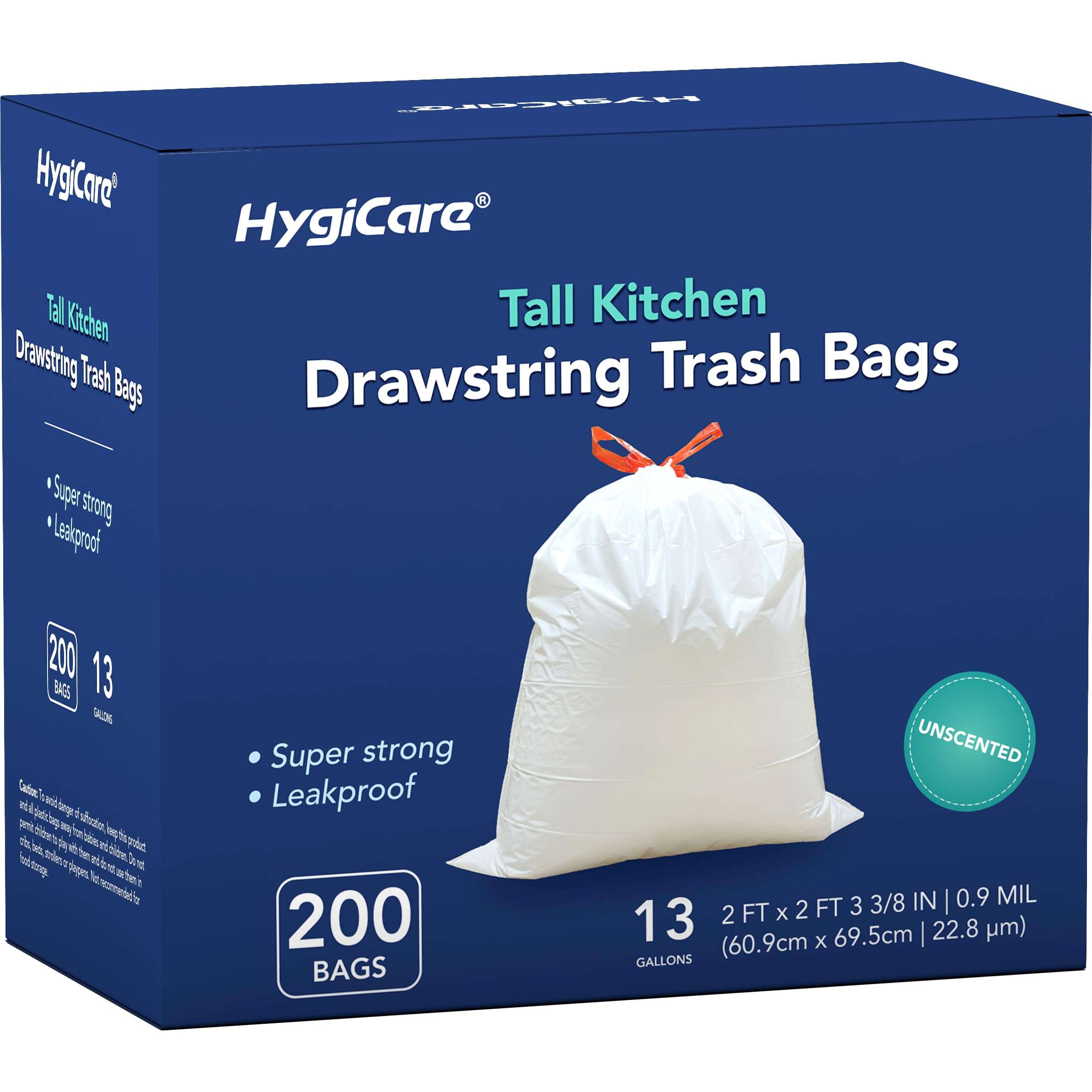 HygiCare 13 Gallon Tall Kichen Trash Bags, Unscented 200 Count Drawstring Garbage Bags, Pre-Separated, Ultra Strong, Leakproof, Sturdy, White - Image 1