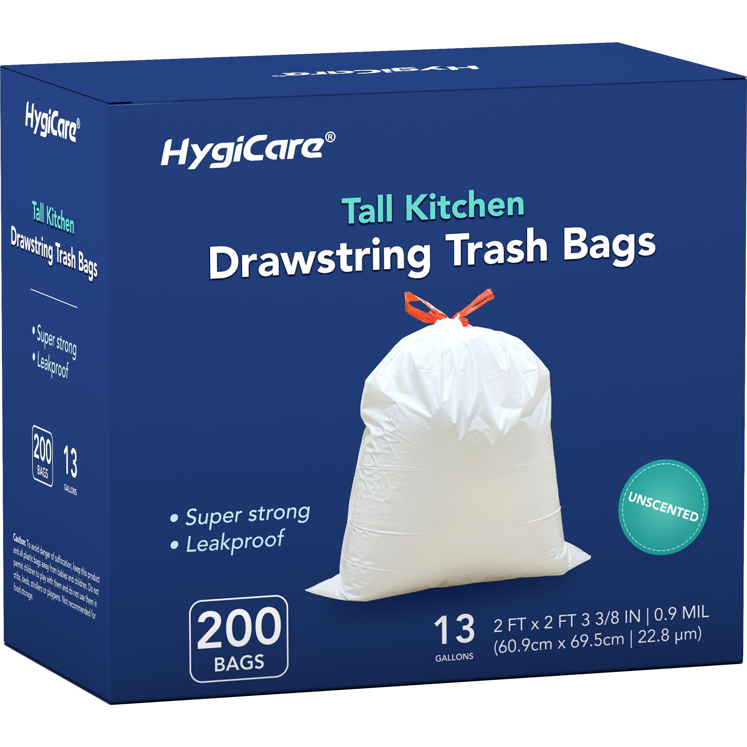 HygiCare 13 Gallon Tall Kichen Trash Bags, Unscented 200 Count Drawstring Garbage Bags, Pre-Separated, Ultra Strong, Leakproof, Sturdy, White - Product Image