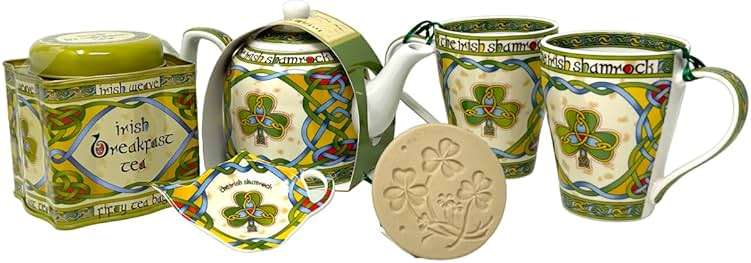 Exclusively Irish Ceramic Shamrock Cookie Stamp Pies Two Mugs Tea Bag Holder Teapot and Breakfast Tea 50 Bags Kitchen Set of 6 Teatime Backing Supplies Housewarming Gift Birthday Present - Image 1