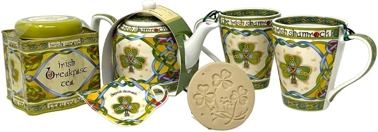 Exclusively Irish Ceramic Shamrock Cookie Stamp Pies Two Mugs Tea Bag Holder Teapot and Breakfast Tea 50 Bags Kitchen Set of 6 Teatime Backing Supplies Housewarming Gift Birthday Present - Product Image