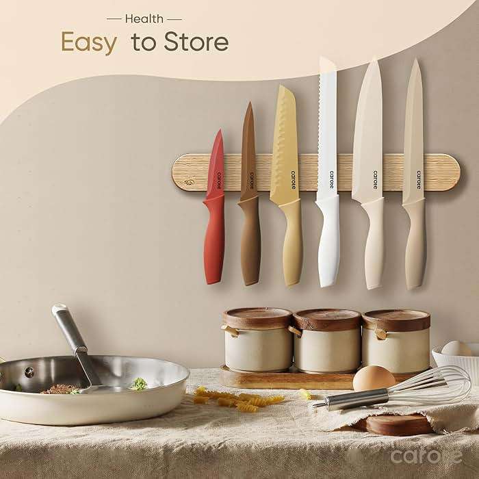 CAROTE Knife Set, 12 Pieces Kitchen Knife Set, 6 Stainless Steel Knives with Blade Guards & Nonstick Ceramic Coating, Rustproof, Color-Coded, Ergonomic Handles - Image 2