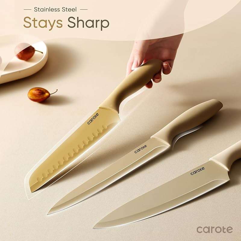 CAROTE Knife Set, 12 Pieces Kitchen Knife Set, 6 Stainless Steel Knives with Blade Guards & Nonstick Ceramic Coating, Rustproof, Color-Coded, Ergonomic Handles - Image 4