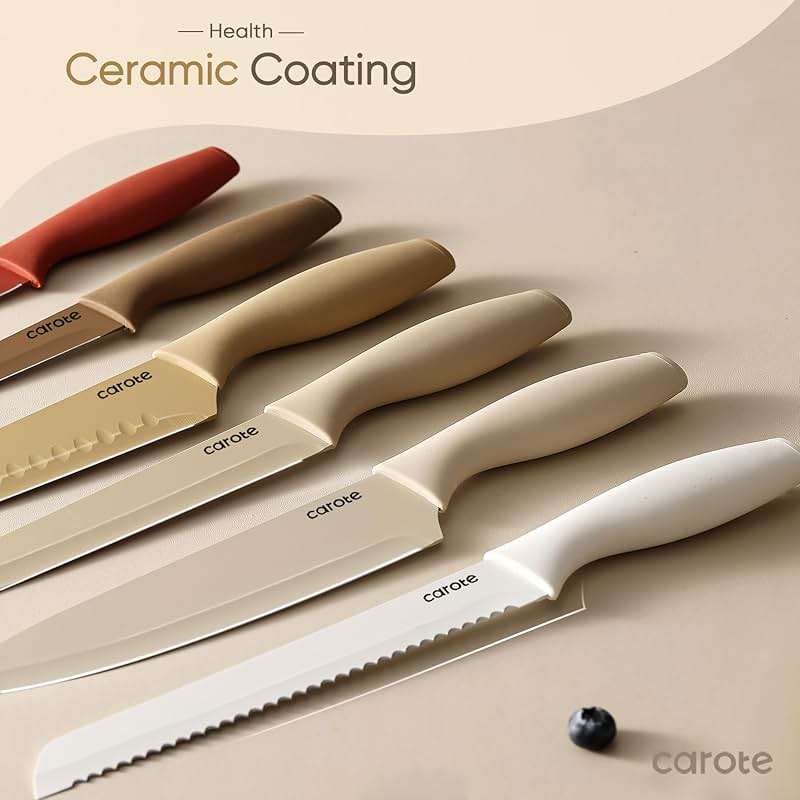 CAROTE Knife Set, 12 Pieces Kitchen Knife Set, 6 Stainless Steel Knives with Blade Guards & Nonstick Ceramic Coating, Rustproof, Color-Coded, Ergonomic Handles - Image 5